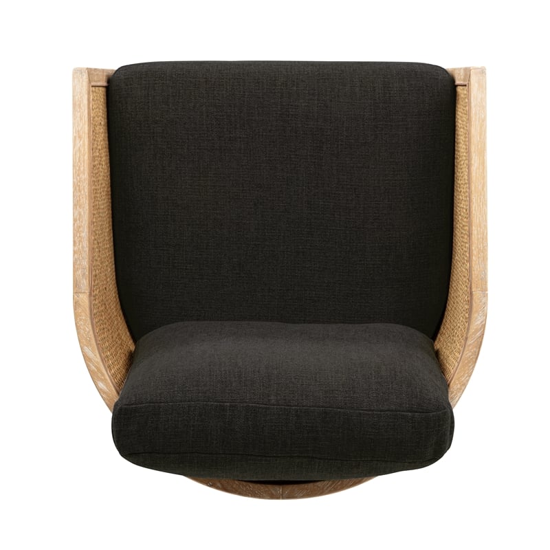 Keegan Rattan Swivel Chair in Ebony Linen Fabric with Coastal Solid Wood Trim