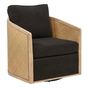 Keegan Rattan Swivel Chair in Ebony Linen Fabric with Coastal Solid Wood Trim