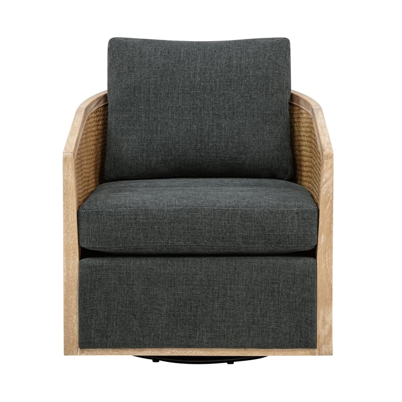 Keegan Rattan Swivel Chair in Denim Linen Fabric with Coastal Solid Wood Trim
