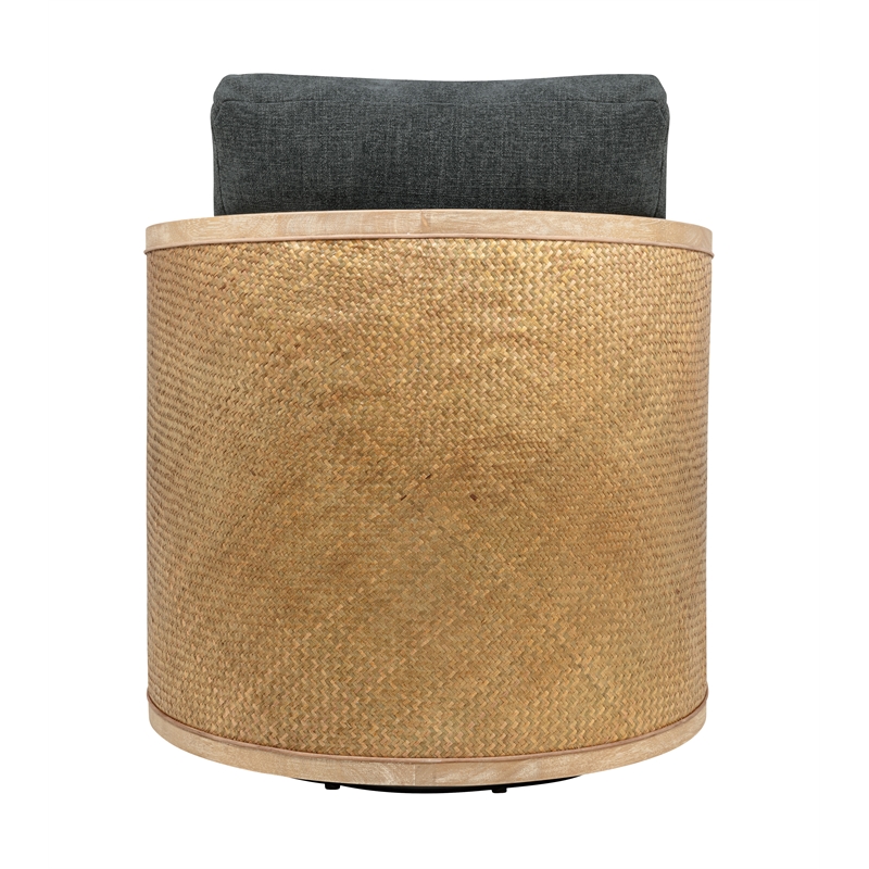 Keegan Rattan Swivel Chair in Denim Linen Fabric with Coastal Solid Wood Trim