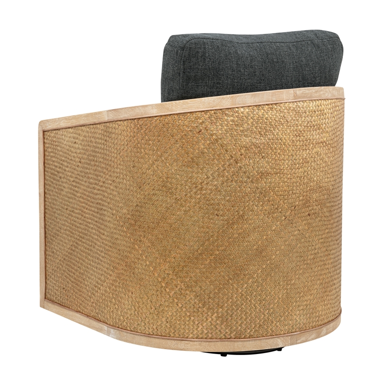 Keegan Rattan Swivel Chair in Denim Linen Fabric with Coastal Solid Wood Trim