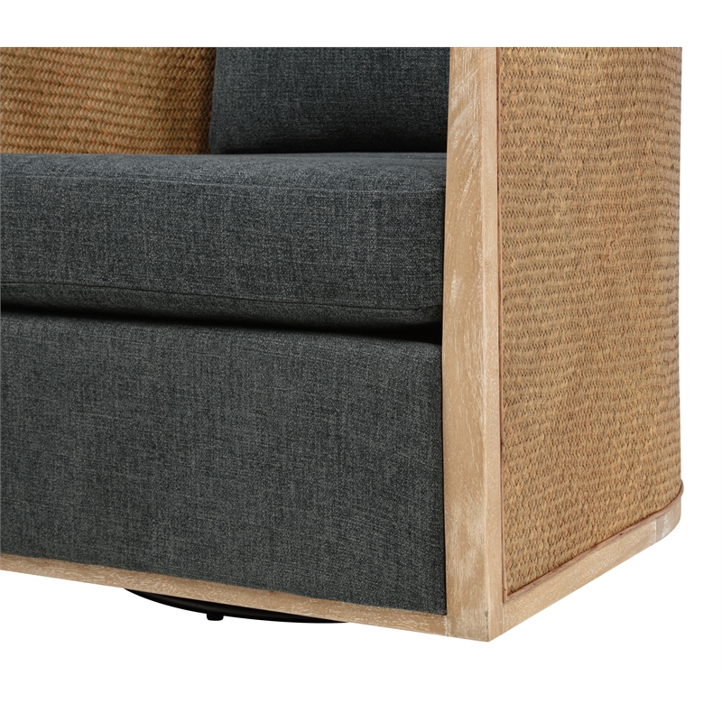 Keegan Rattan Swivel Chair in Denim Linen Fabric with Coastal Solid Wood Trim