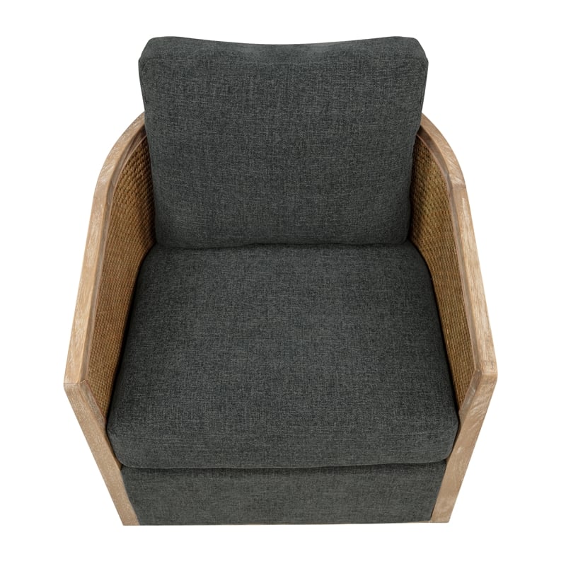 Keegan Rattan Swivel Chair in Denim Linen Fabric with Coastal Solid Wood Trim
