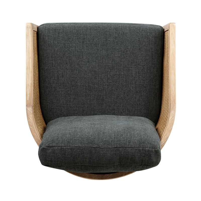 Keegan Rattan Swivel Chair in Denim Linen Fabric with Coastal Solid Wood Trim