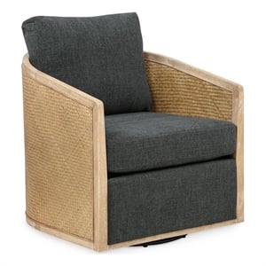 Keegan Rattan Swivel Chair in Denim Linen Fabric with Coastal Solid Wood Trim