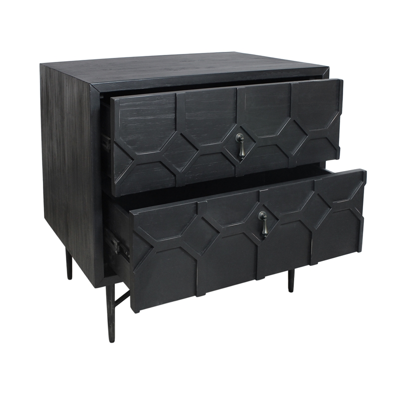 Samara 2-Drawer Small Nightstand in Contemporary Antique Black Pine Solid Wood