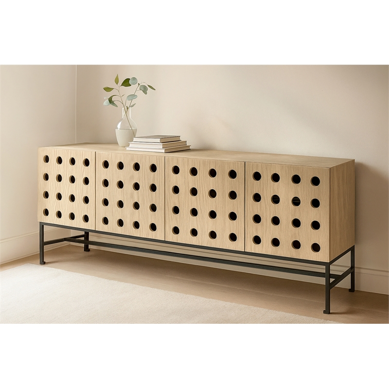 Becca 4-Door Sideboard in Modern Industrial Sand Oak Finish on Pine Solid Wood