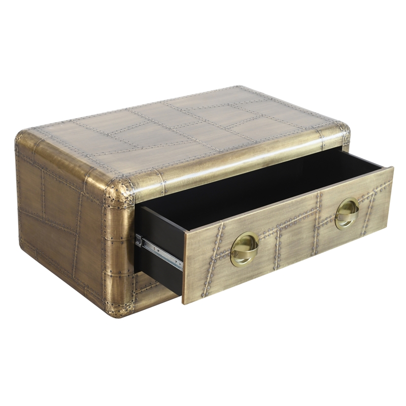 Moti Pilot  Solid Wood and Aluminum Cocktail Table with Brass Finish and Drawer