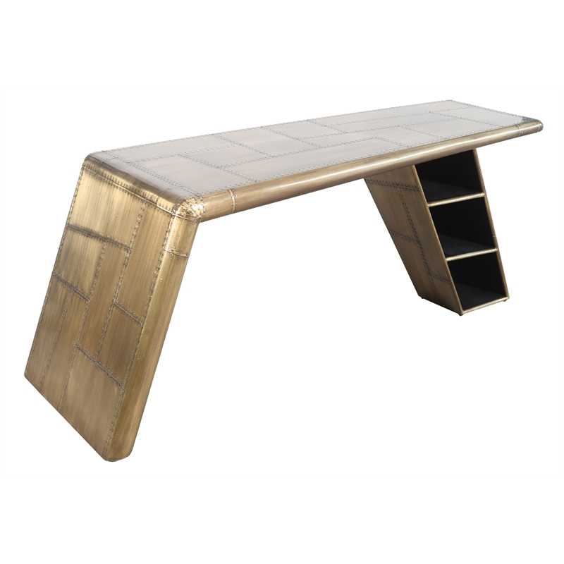 Pilot Writing Desk with Brass Finish and 3 Shelves in Solid Wood and Aluminum