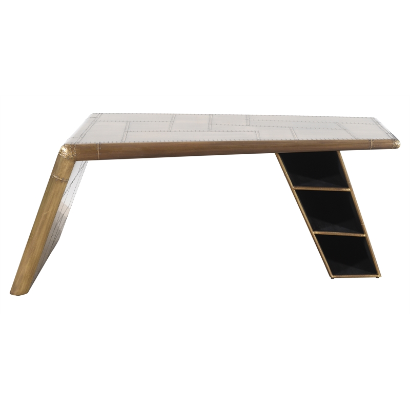 Pilot Writing Desk with Brass Finish and 3 Shelves in Solid Wood and Aluminum