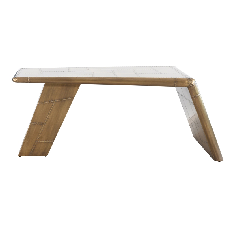 Pilot Writing Desk with Brass Finish and 3 Shelves in Solid Wood and Aluminum