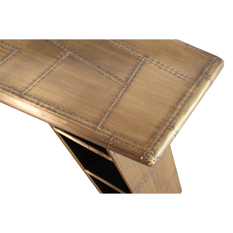 Pilot Writing Desk with Brass Finish and 3 Shelves in Solid Wood and Aluminum