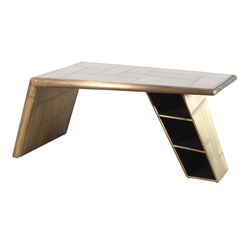 Pilot Writing Desk with Brass Finish and 3 Shelves in Solid Wood and Aluminum
