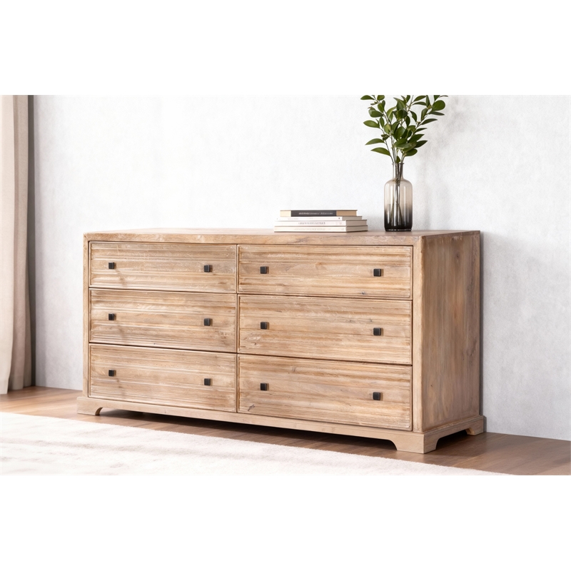 Carmenita 6 Drawer Dresser in Rustic Light Brown Finish on Solid Wood