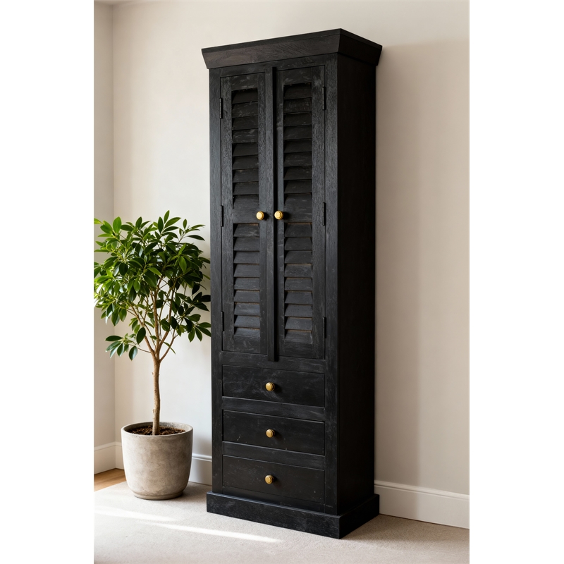 Jenna Louvered Doors Cabinet In Charcoal Finish on Solid Wood