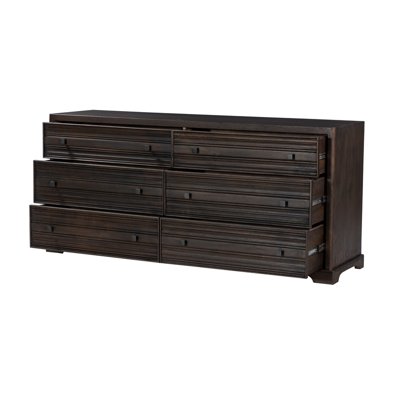 Carmenita 6 Drawer Dresser in Rich Umber Brown Finish on Solid Wood