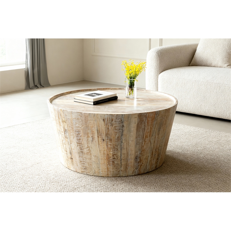 Jenna Drum Coffee Table In Natural Finish on Mango Solid Wood