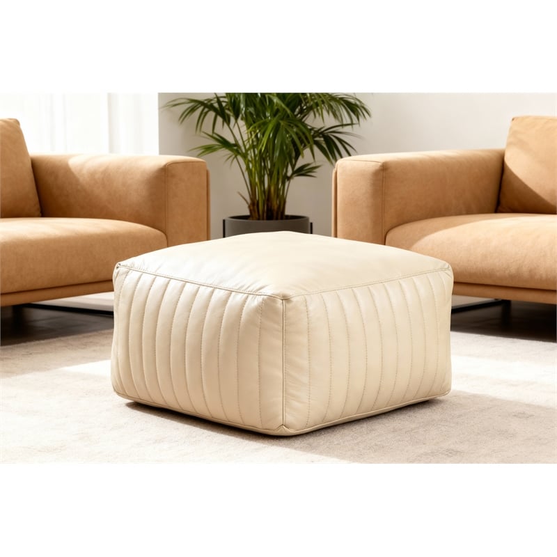 Brie Genuine Leather Square Pouf in a Sophisticated Ivory Finish