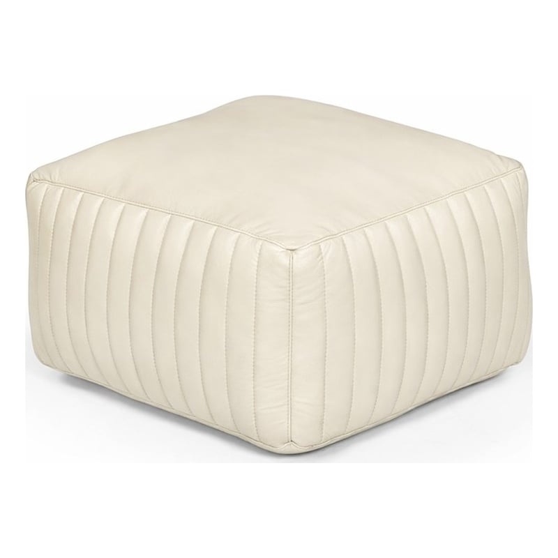 Brie Genuine Leather Square Pouf in a Sophisticated Ivory Finish