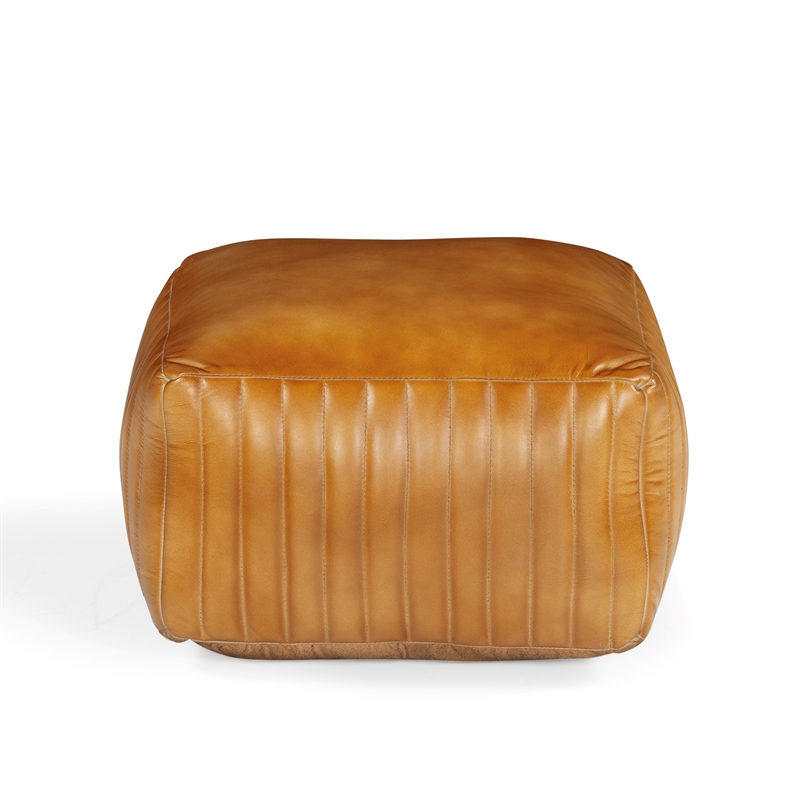 Brie Genuine Leather Square Pouf in a Contemporary Caramel Finish
