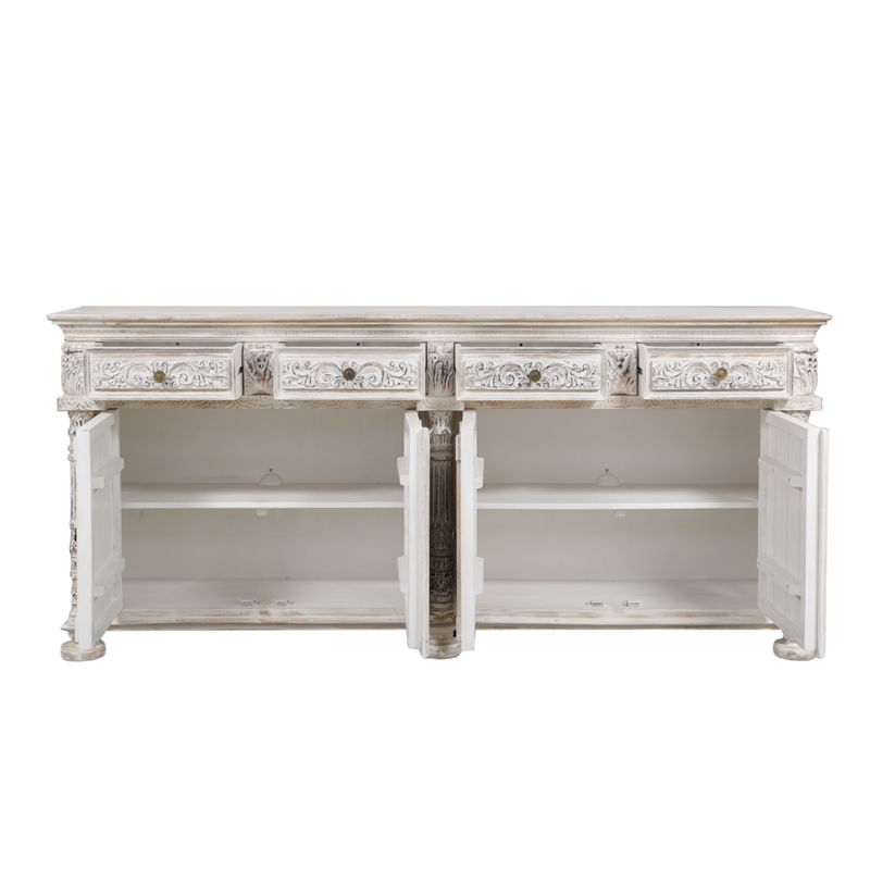 Carter 4-Drawer 4-Door Sideboard in Distressed White Finish on Solid Wood
