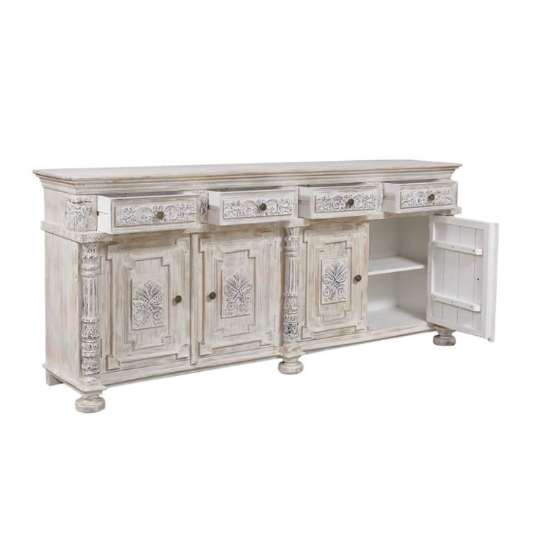 Carter 4-Drawer 4-Door Sideboard in Distressed White Finish on Solid Wood