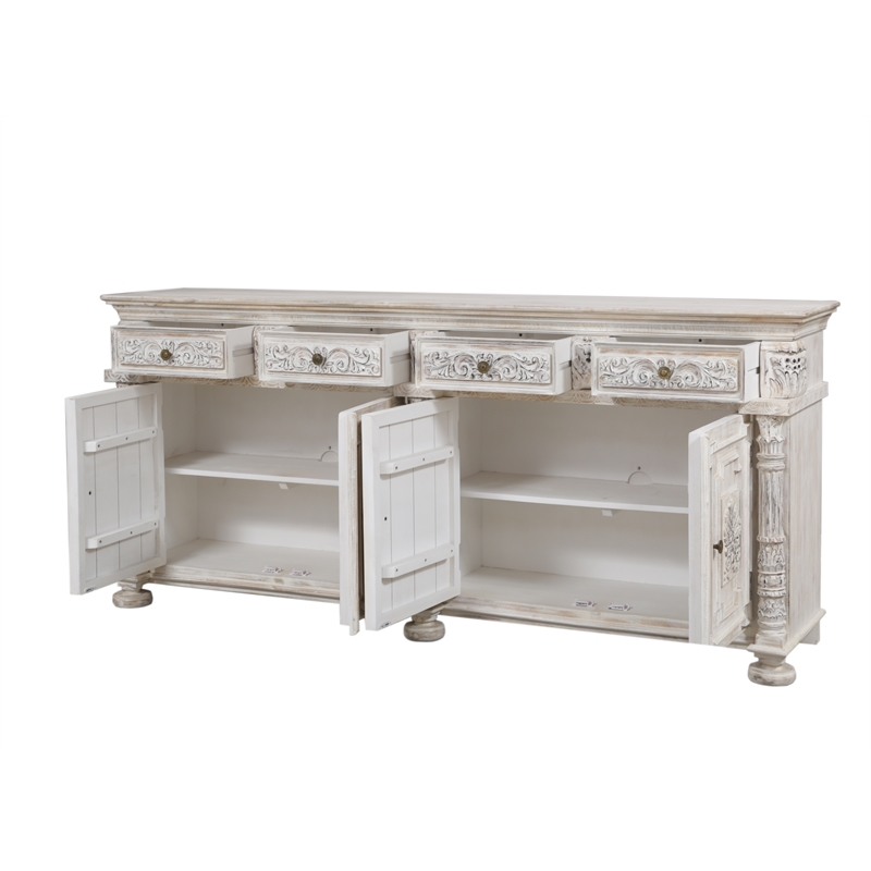 Carter 4-Drawer 4-Door Sideboard in Distressed White Finish on Solid Wood