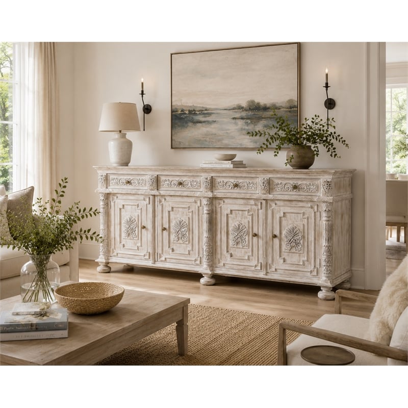 Carter 4-Drawer 4-Door Sideboard in Distressed White Finish on Solid Wood