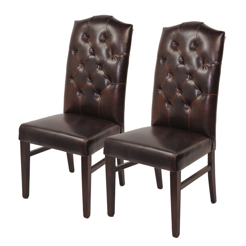 Set of 2 Tufted Back Genuine Leather Side Chairs in Burgundy