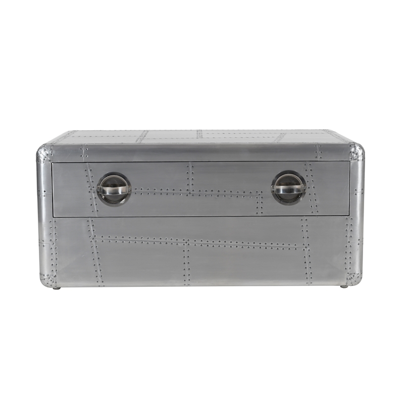 Pilot 1-Drawer Cocktail Table with Silver Aluminum Cladding and Exposed Screws