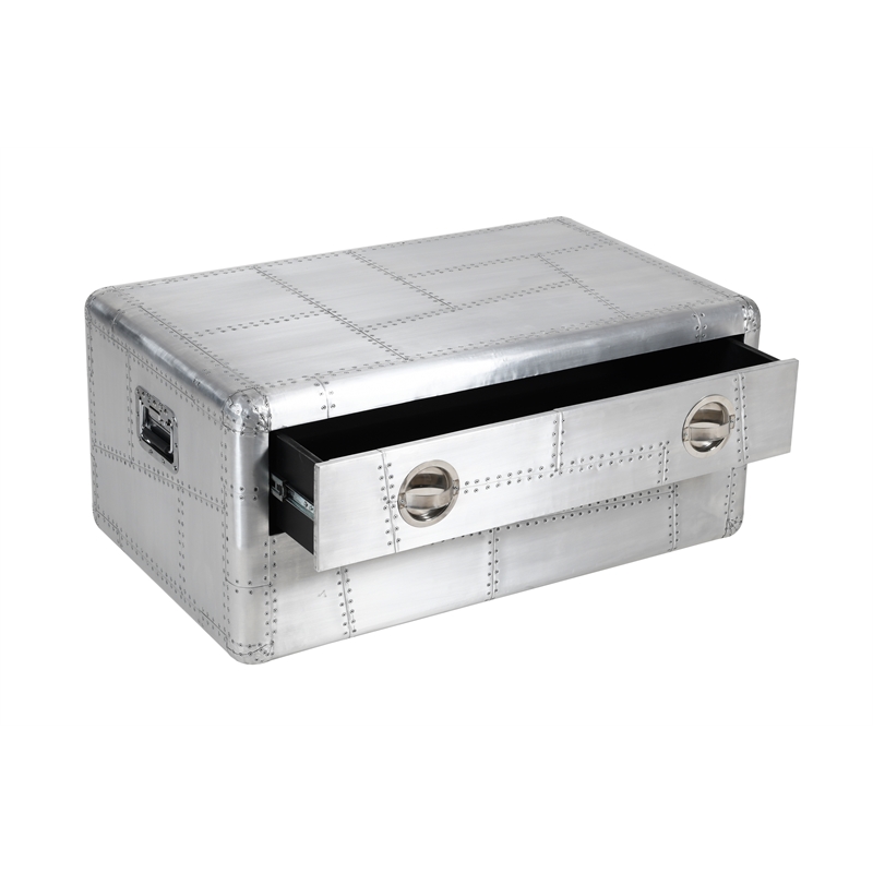 Pilot 1-Drawer Cocktail Table with Silver Aluminum Cladding and Exposed Screws
