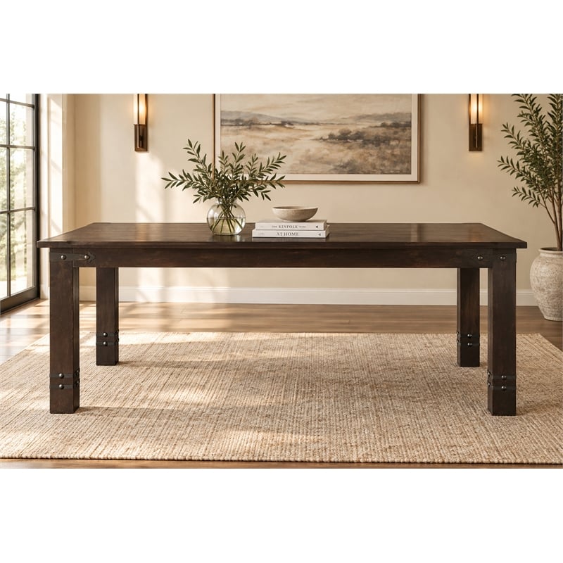 Milan 8' Dining Table with Iron Accents in Dark Walnut Finish on Solid Wood