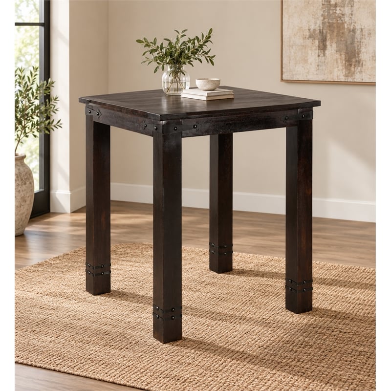 milan counter height table with iron accents in dark walnut finish on solid wood