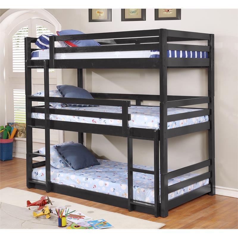 BEKids Traditional Solid Wood Twin Triple Bunk Bed in Charcoal