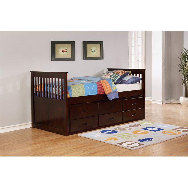 Solid Wood Twin Captain Bed with Twin Trundle and 3 Drawers in Java Brown