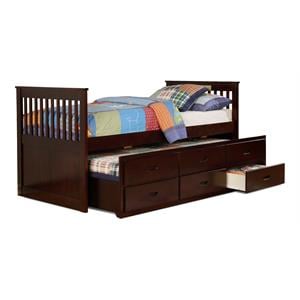 Solid Wood Twin Captain Bed with Twin Trundle and 3 Drawers in Java Brown