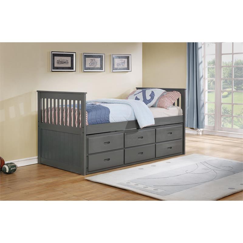 Solid Wood Twin Captain Bed with Twin Trundle and 3 Drawers in Gray