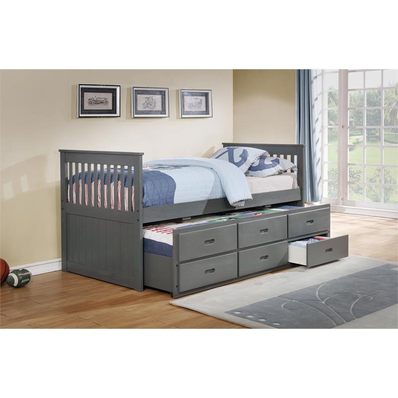 Solid Wood Twin Captain Bed with Twin Trundle and 3 Drawers in Gray