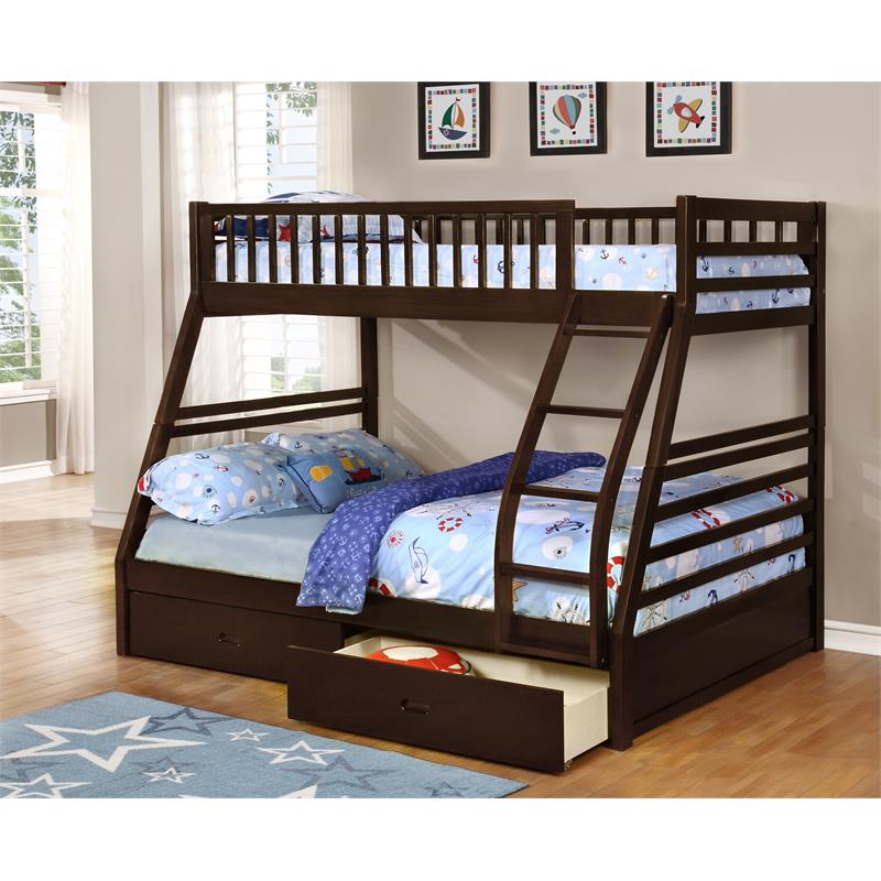 BEKids Traditional Solid Wood Twin/Full Bunk Bed with 2 Drawers in Java Brown