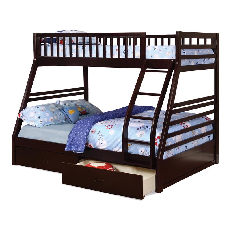 BEKids Traditional Solid Wood Twin/Full Bunk Bed with 2 Drawers in Java Brown