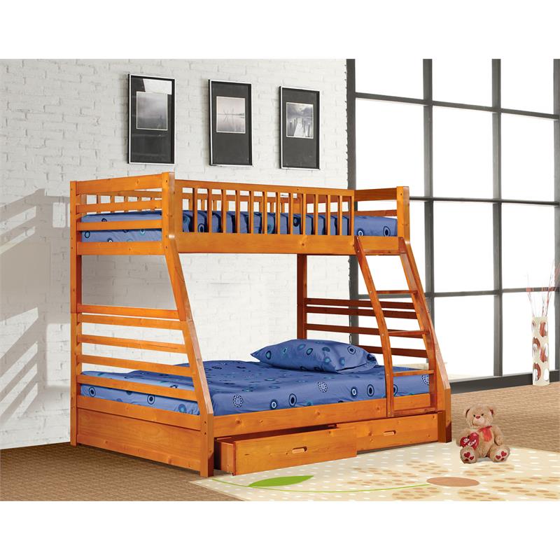 BEKids Traditional Solid Wood Twin/Full Bunk Bed with 2 Drawers in Oak