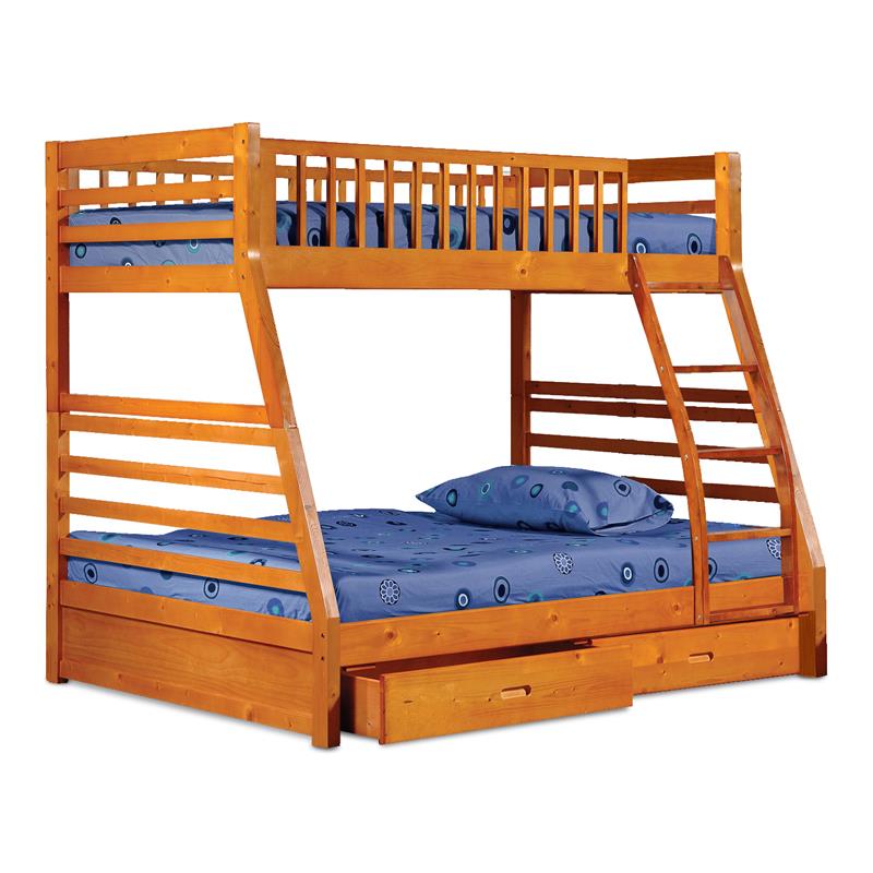 BEKids Traditional Solid Wood Twin/Full Bunk Bed with 2 Drawers in Oak