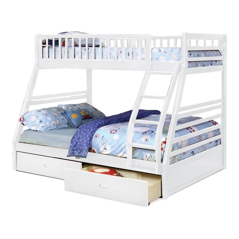 BEKids Traditional Solid Wood Twin/Full Bunk Bed with 2 Drawers in White