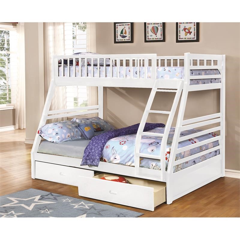 BEKids Traditional Solid Wood Twin/Full Bunk Bed with 2 Drawers in White