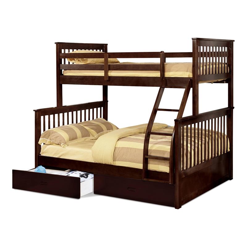 BEKids Traditional Wood Twin/Full Bunk Bed with 2 Drawers in Java Brown