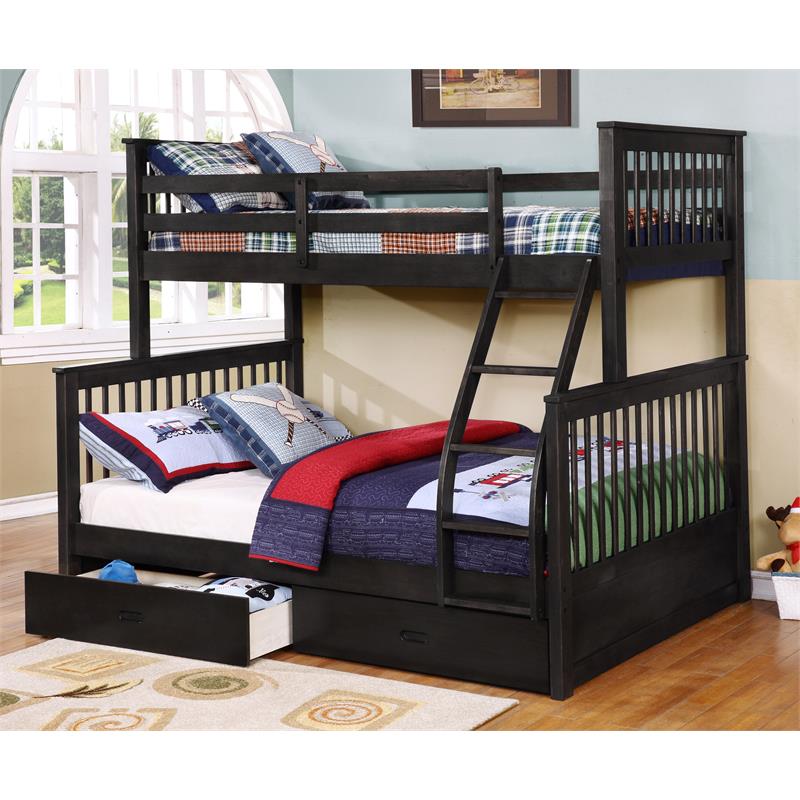 BEKids Traditional Wood Twin/Full Bunk Bed with 2 Drawers in Charcoal