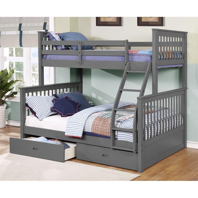BEKids Traditional Wood Twin/Full Bunk Bed with 2 Drawers in Gray