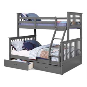 BEKids Traditional Wood Twin/Full Bunk Bed with 2 Drawers in Gray