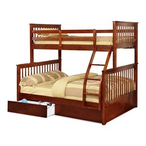 BEKids Traditional Wood Twin/Full Bunk Bed with 2 Drawers in Walnut