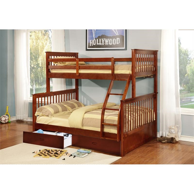 BEKids Traditional Wood Twin/Full Bunk Bed with 2 Drawers in Walnut